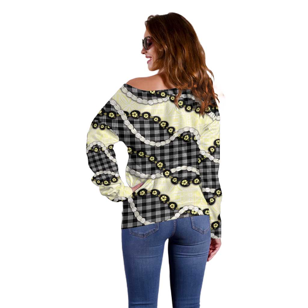 Black Palaka Hawaii Off Shoulder Sweater Kukui Nut Pikake Lei Hawaiian Tapa Pattern - Polynesian Pride