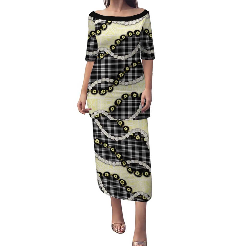 Black Palaka Hawaii Puletasi Kukui Nut Pikake Lei Hawaiian Tapa Pattern LT14 Long Dress Black - Polynesian Pride