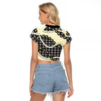 Black Palaka Hawaii Raglan Cropped T Shirt Kukui Nut Pikake Lei Hawaiian Tapa Pattern LT14 - Polynesian Pride