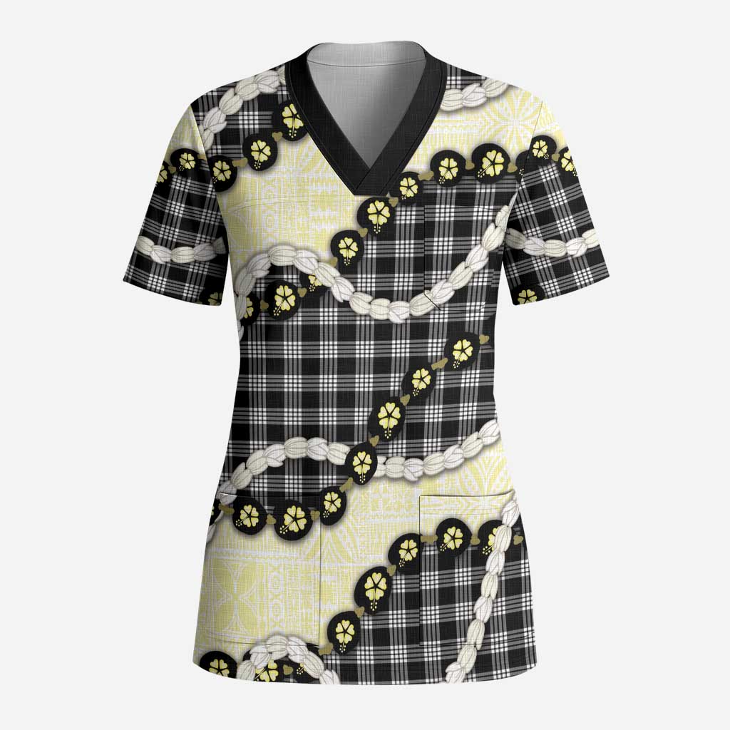 Black Palaka Hawaii Scrub Top Kukui Nut Pikake Lei Hawaiian Tapa Pattern LT14 Adult Black - Polynesian Pride