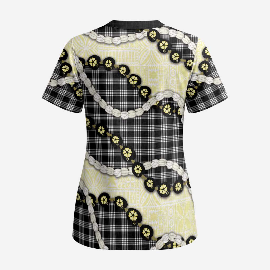 Black Palaka Hawaii Scrub Top Kukui Nut Pikake Lei Hawaiian Tapa Pattern LT14 - Polynesian Pride