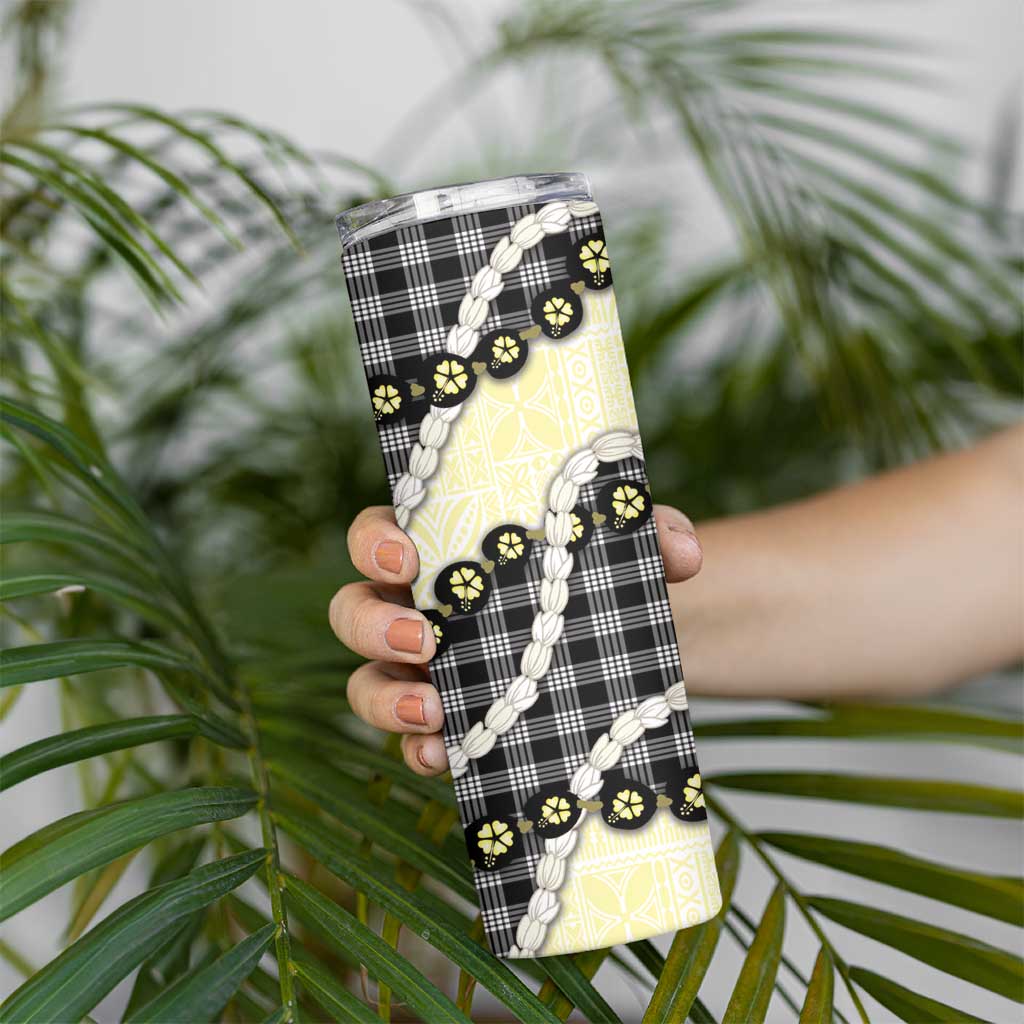 Black Palaka Hawaii Skinny Tumbler Kukui Nut Pikake Lei Hawaiian Tapa Pattern - Polynesian Pride
