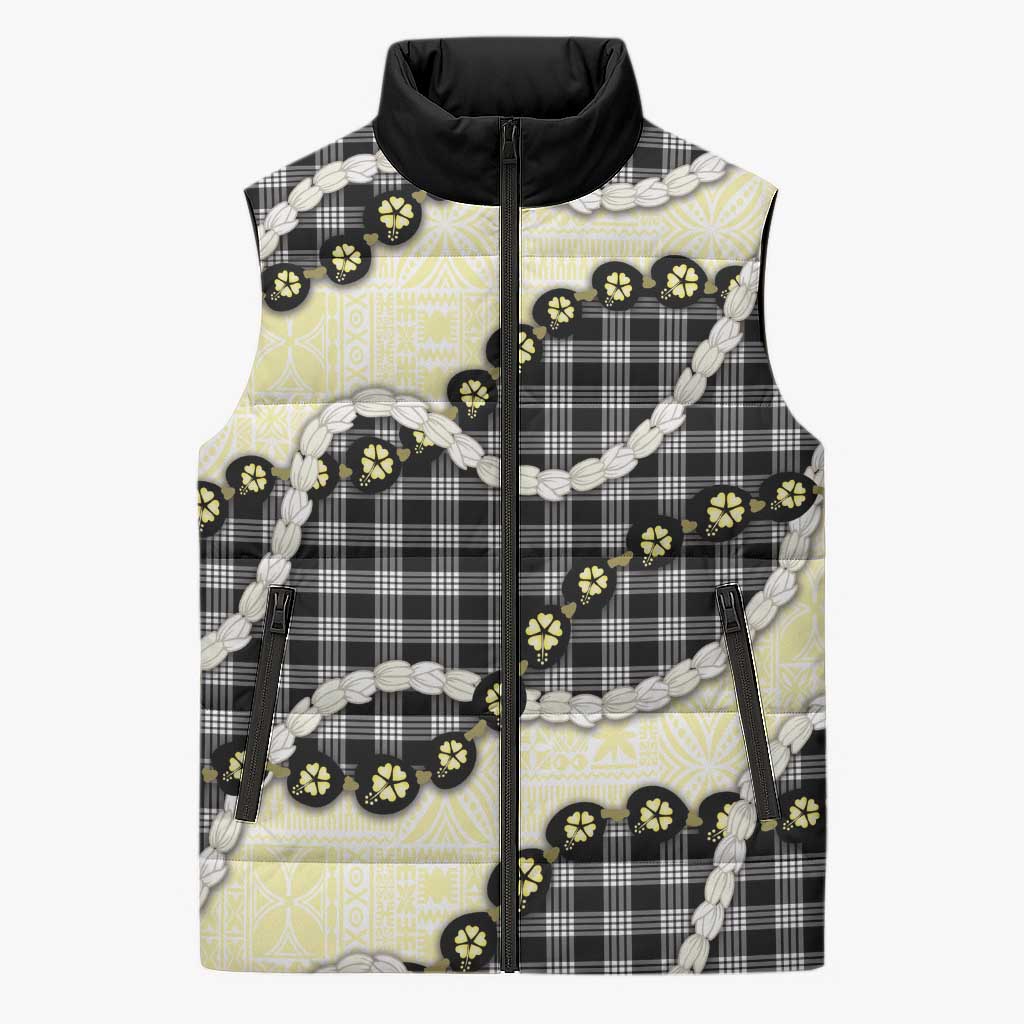 Black Palaka Hawaii Sleeveless Puffer Jacket Kukui Nut Pikake Lei Hawaiian Tapa Pattern LT14 Unisex Black - Polynesian Pride