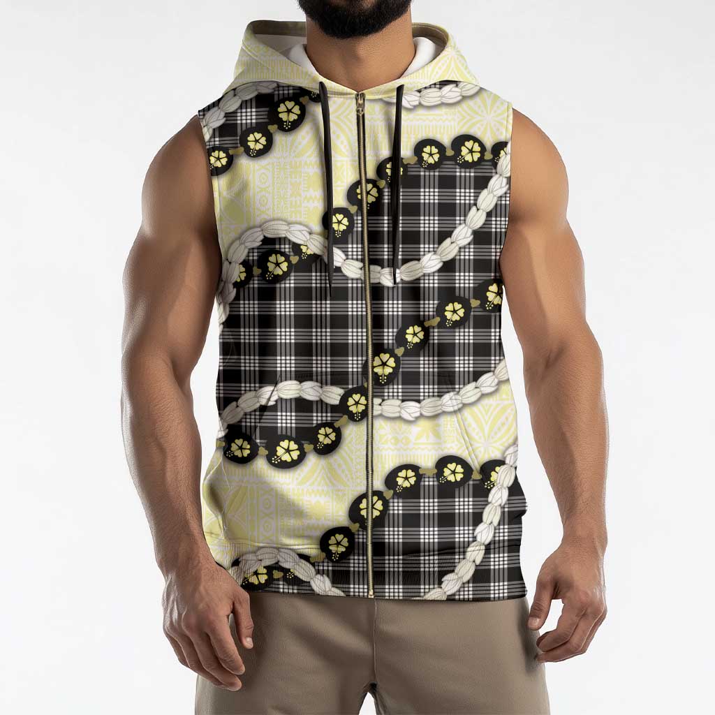 Black Palaka Hawaii Sleeveless Zip Hoodie Kukui Nut Pikake Lei Hawaiian Tapa Pattern - Polynesian Pride
