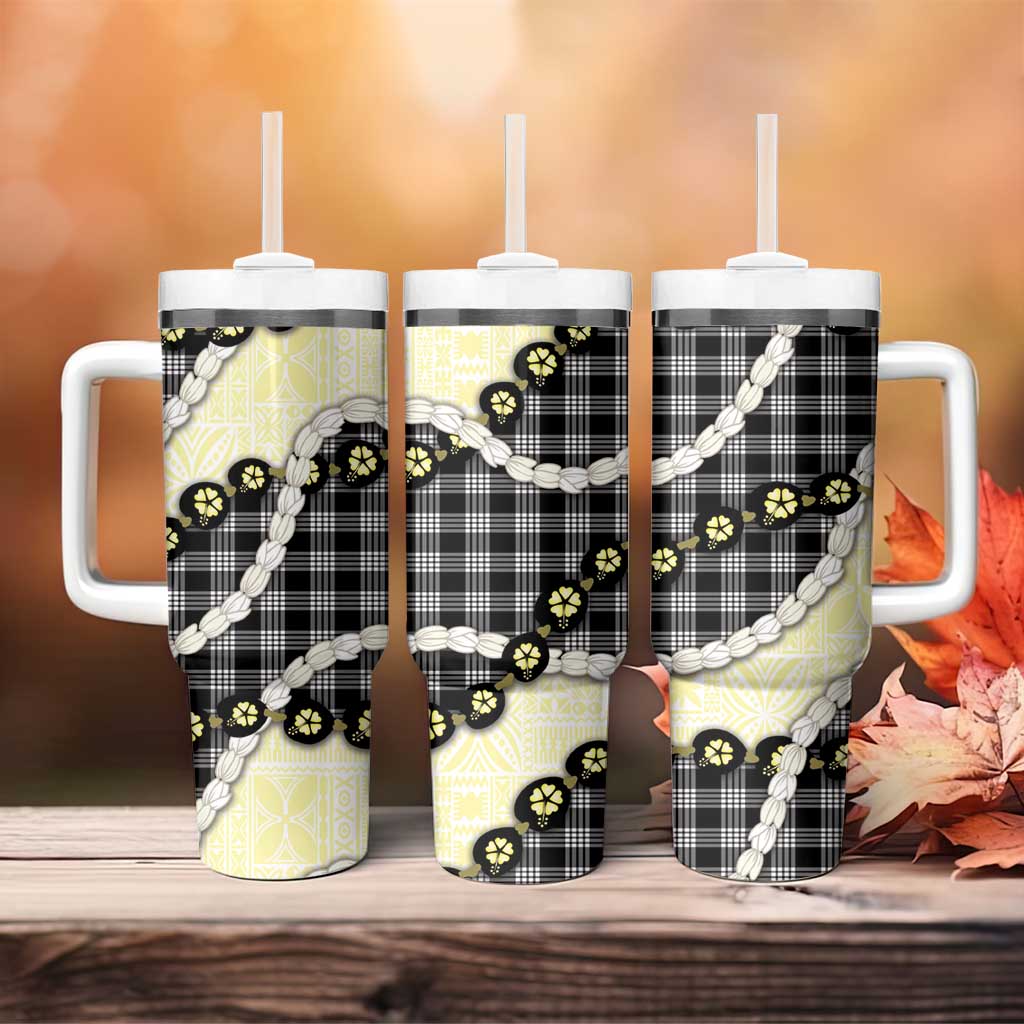 Black Palaka Hawaii Tumbler With Handle Kukui Nut Pikake Lei Hawaiian Tapa Pattern - Polynesian Pride