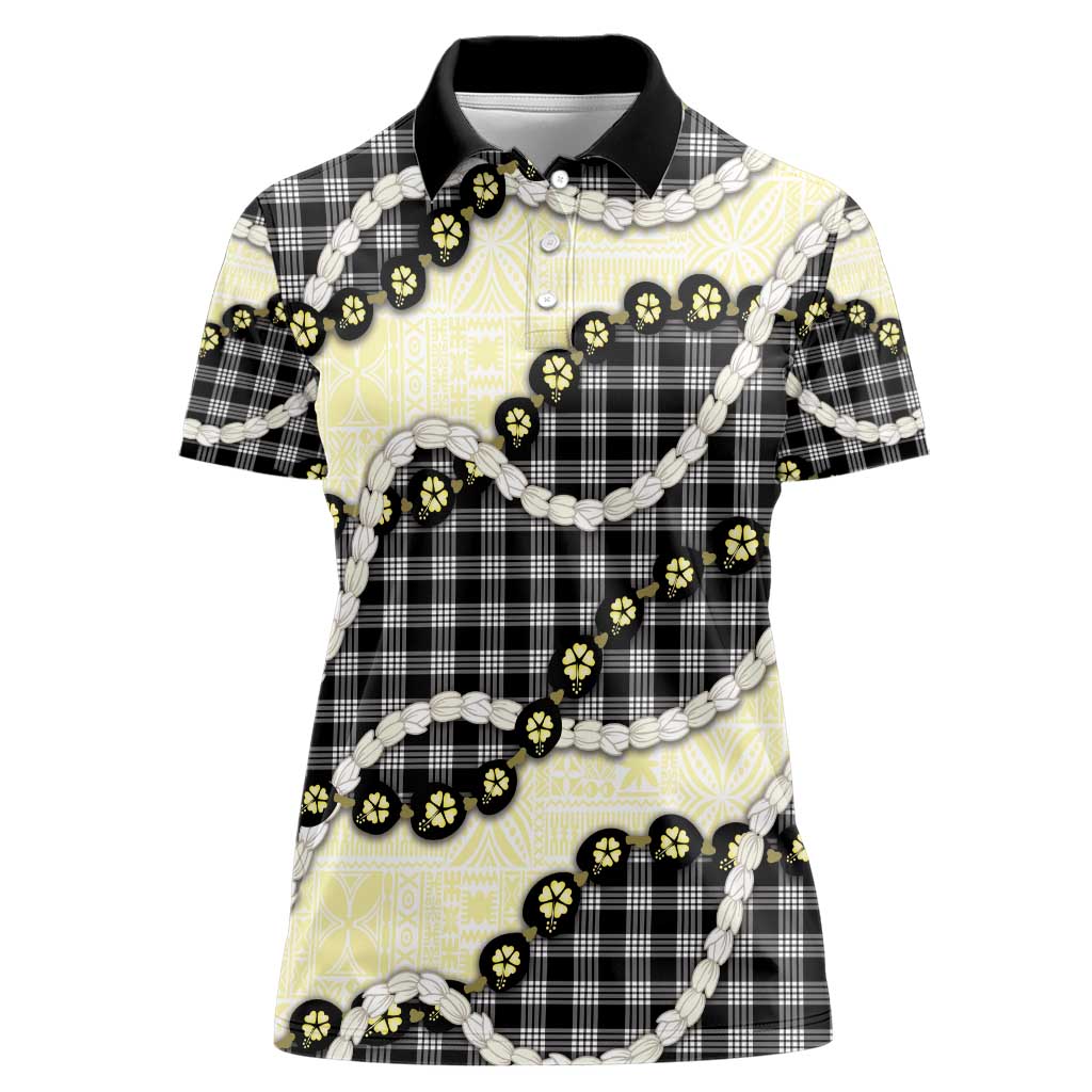 Black Palaka Hawaii Women Polo Shirt Kukui Nut Pikake Lei Hawaiian Tapa Pattern - Polynesian Pride
