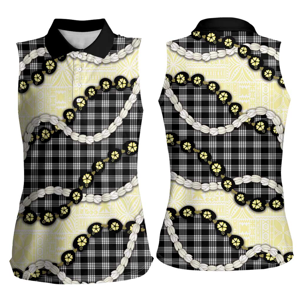Black Palaka Hawaii Women Sleeveless Polo Shirt Kukui Nut Pikake Lei Hawaiian Tapa Pattern LT14 - Polynesian Pride
