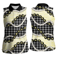 Black Palaka Hawaii Women Sleeveless Polo Shirt Kukui Nut Pikake Lei Hawaiian Tapa Pattern LT14 - Polynesian Pride