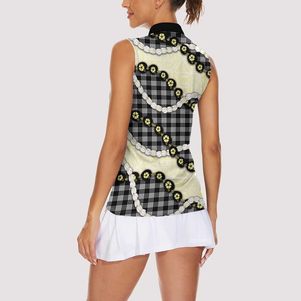 Black Palaka Hawaii Women Sleeveless Polo Shirt Kukui Nut Pikake Lei Hawaiian Tapa Pattern LT14 - Polynesian Pride