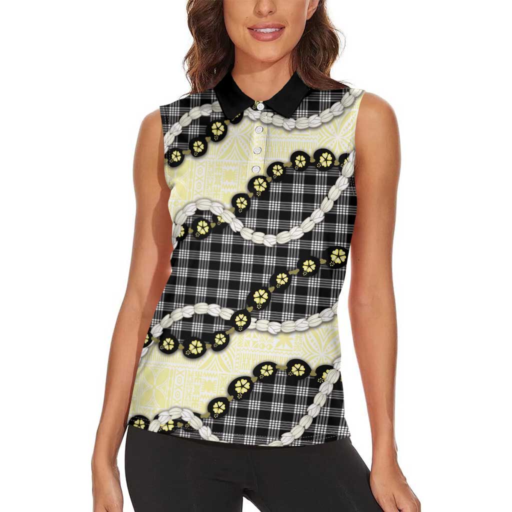 Black Palaka Hawaii Women Sleeveless Polo Shirt Kukui Nut Pikake Lei Hawaiian Tapa Pattern LT14 - Polynesian Pride