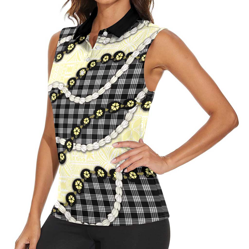 Black Palaka Hawaii Women Sleeveless Polo Shirt Kukui Nut Pikake Lei Hawaiian Tapa Pattern LT14 - Polynesian Pride
