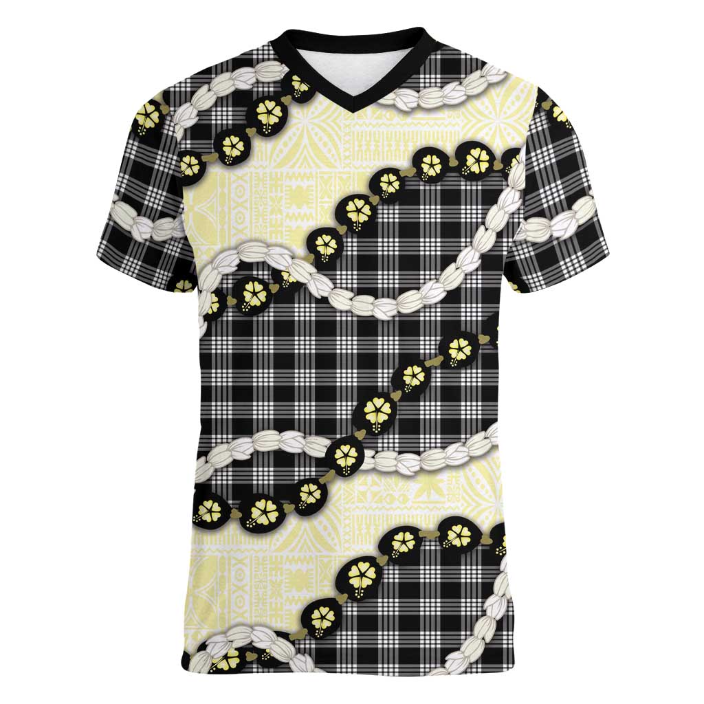 Black Palaka Hawaii Women V-Neck T-Shirt Kukui Nut Pikake Lei Hawaiian Tapa Pattern LT14 Female Black - Polynesian Pride