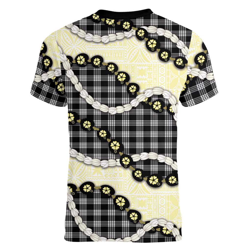 Black Palaka Hawaii Women V-Neck T-Shirt Kukui Nut Pikake Lei Hawaiian Tapa Pattern LT14 - Polynesian Pride
