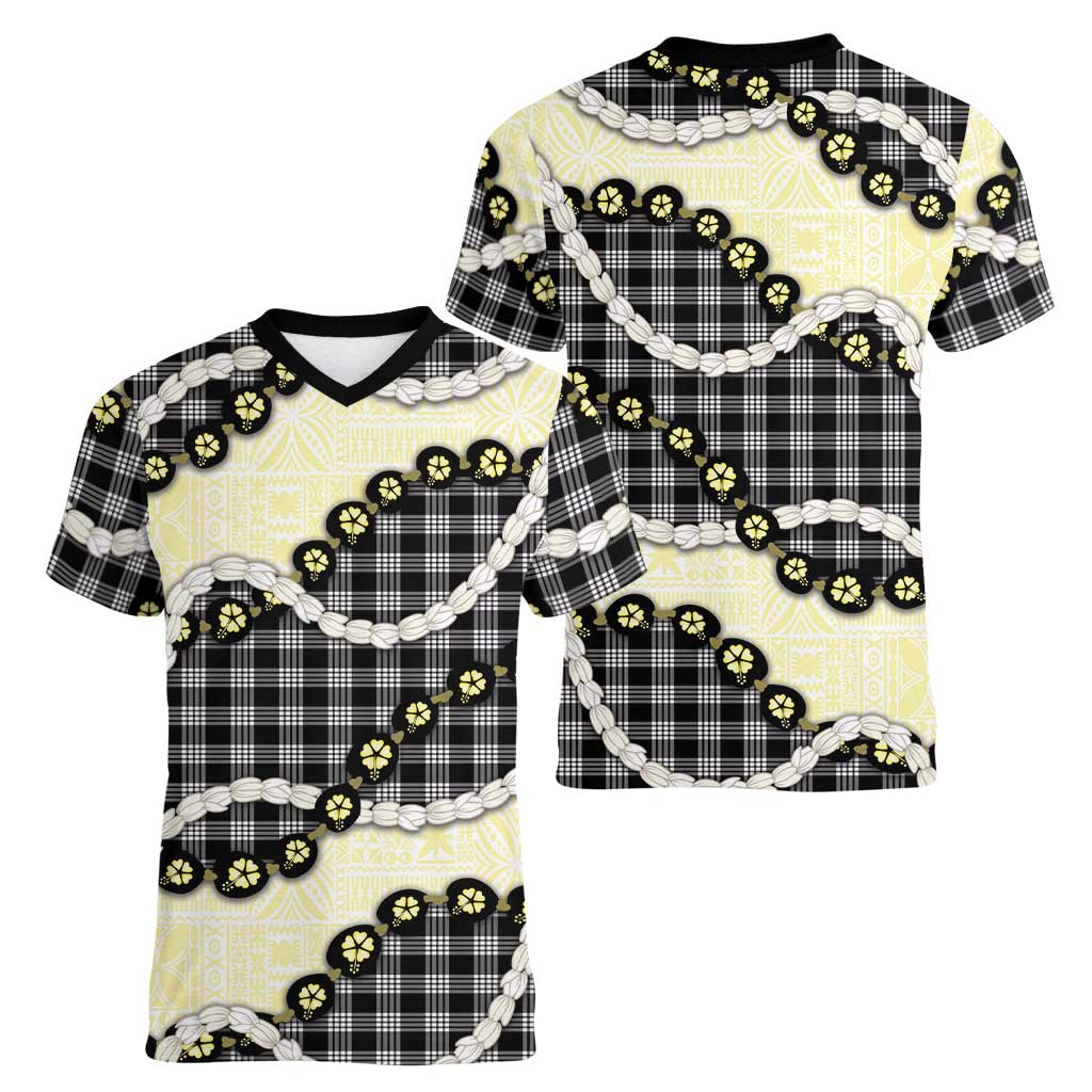 Black Palaka Hawaii Women V-Neck T-Shirt Kukui Nut Pikake Lei Hawaiian Tapa Pattern LT14 - Polynesian Pride