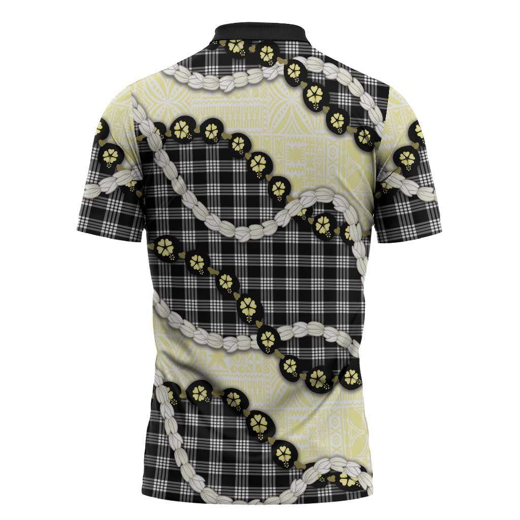 Black Palaka Hawaii Zipper Polo Shirt Kukui Nut Pikake Lei Hawaiian Tapa Pattern LT14 - Polynesian Pride
