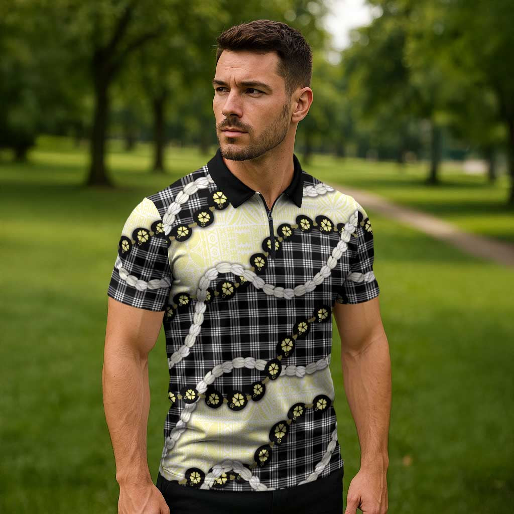Black Palaka Hawaii Zipper Polo Shirt Kukui Nut Pikake Lei Hawaiian Tapa Pattern LT14 - Polynesian Pride