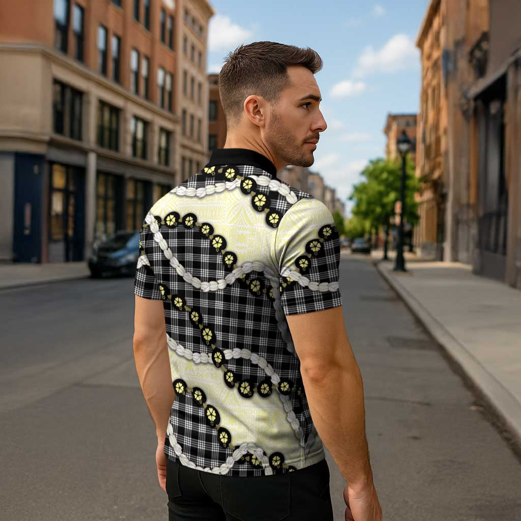 Black Palaka Hawaii Zipper Polo Shirt Kukui Nut Pikake Lei Hawaiian Tapa Pattern LT14 - Polynesian Pride