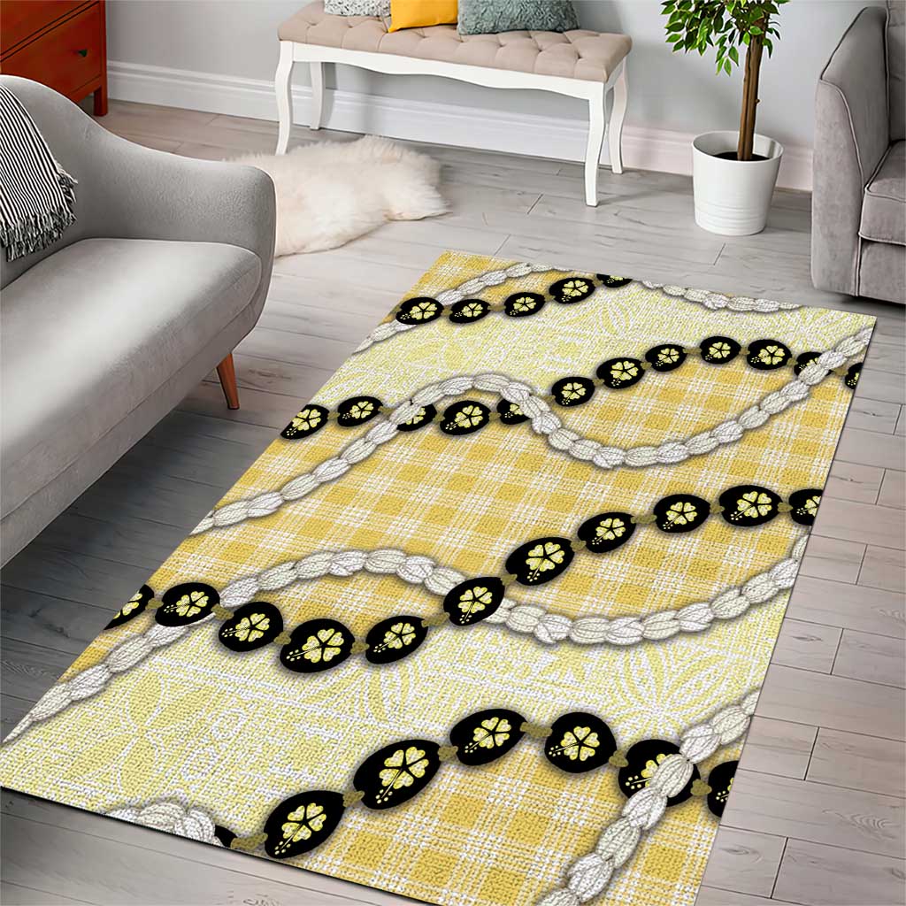 Yellow Palaka Hawaii Area Rug Kukui Nut Pikake Lei Hawaiian Tapa Pattern - Polynesian Pride