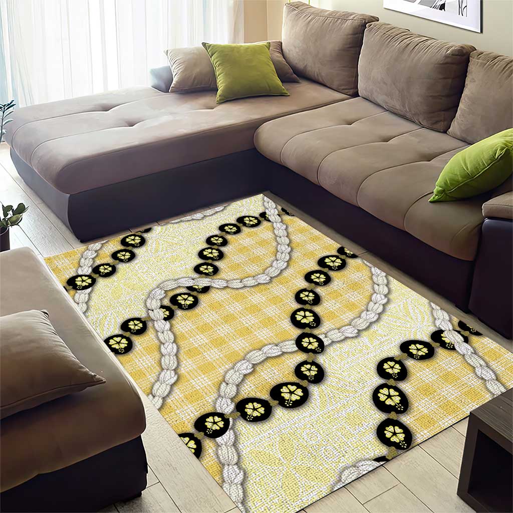 Yellow Palaka Hawaii Area Rug Kukui Nut Pikake Lei Hawaiian Tapa Pattern - Polynesian Pride