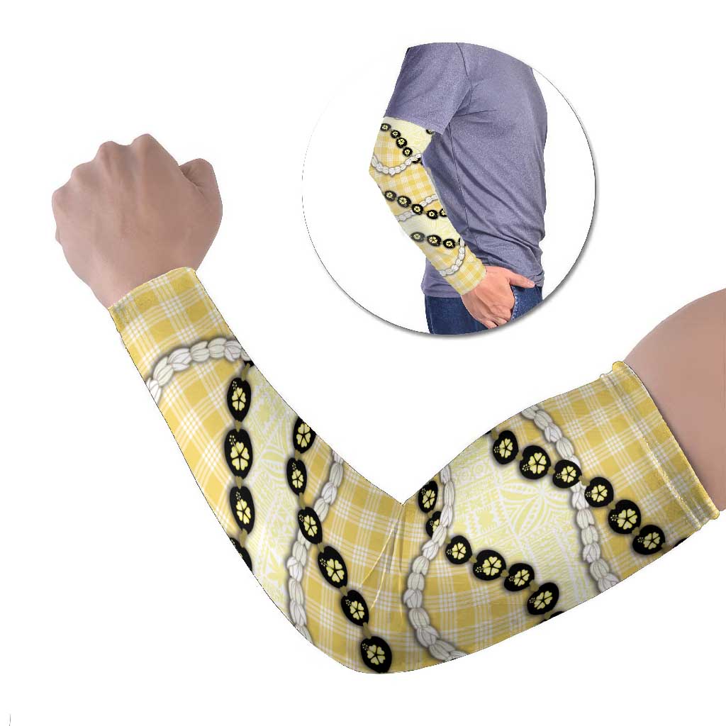 Yellow Palaka Hawaii Arm Sleeves Kukui Nut Pikake Lei Hawaiian Tapa Pattern LT14 Set of 2 Yellow - Polynesian Pride