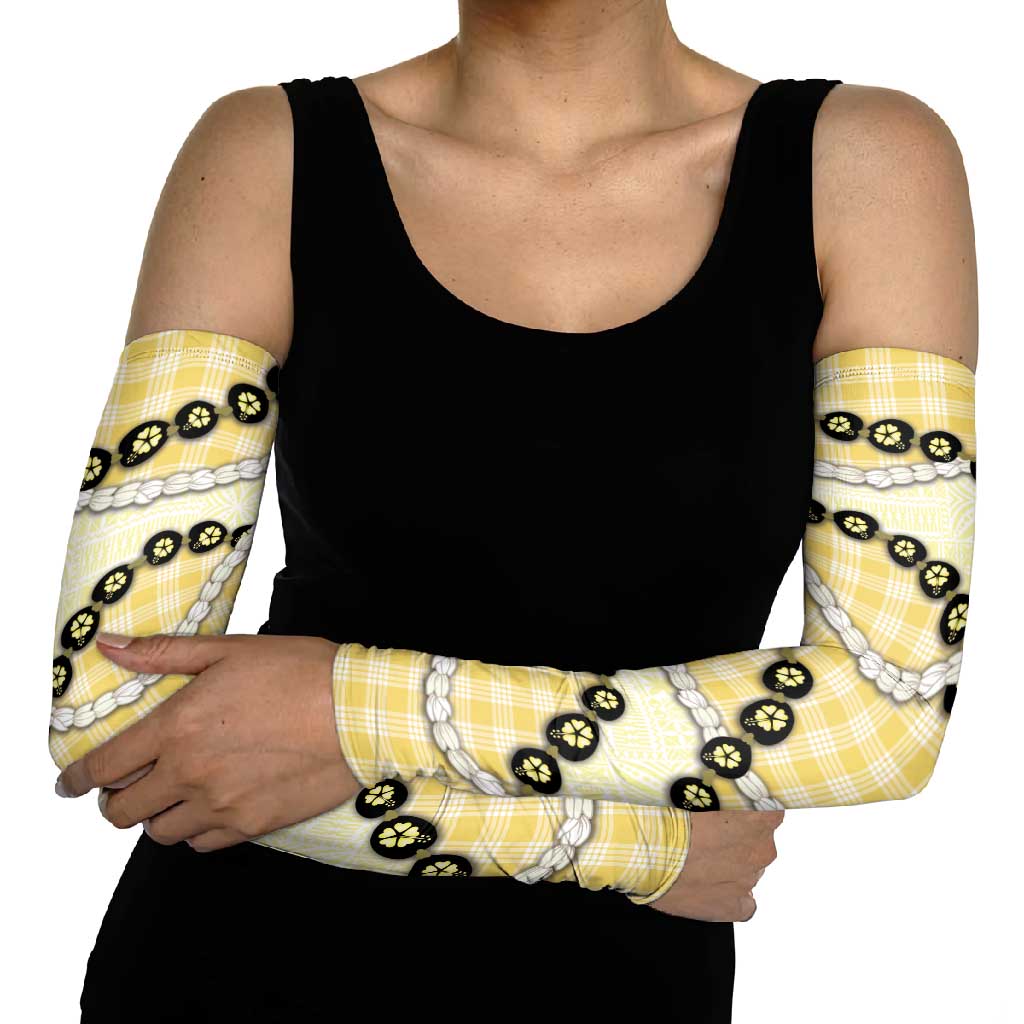 Yellow Palaka Hawaii Arm Sleeves Kukui Nut Pikake Lei Hawaiian Tapa Pattern LT14 - Polynesian Pride