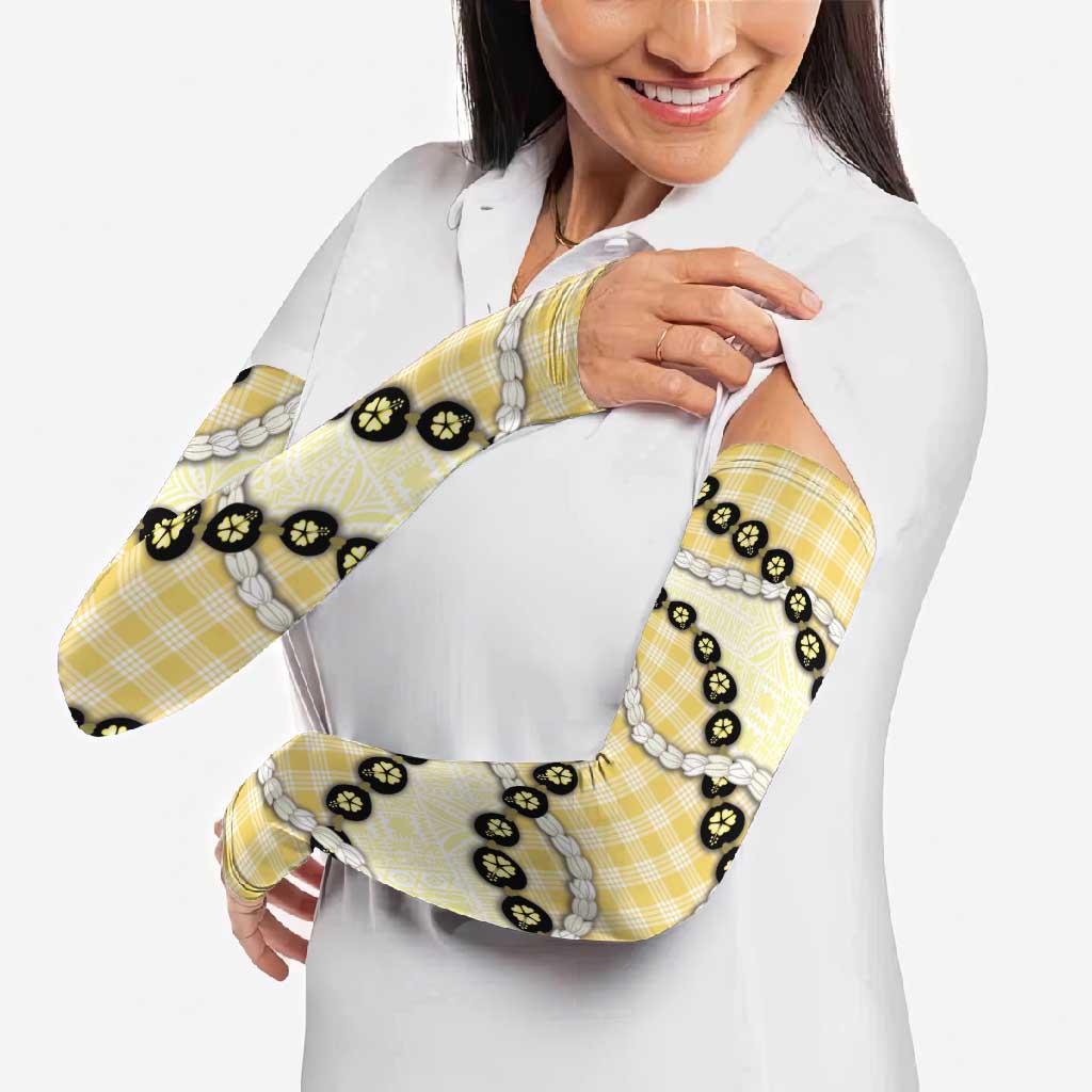 Yellow Palaka Hawaii Arm Sleeves Kukui Nut Pikake Lei Hawaiian Tapa Pattern LT14 - Polynesian Pride
