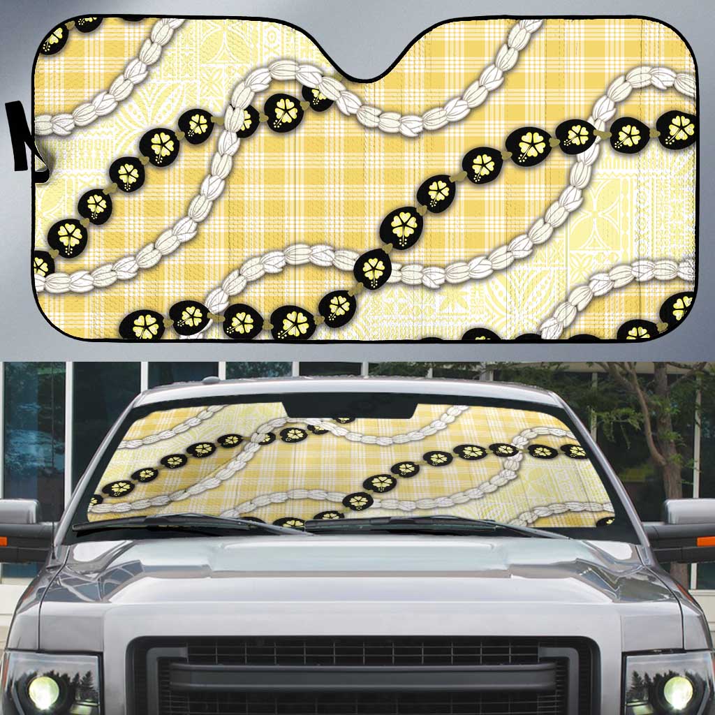 Yellow Palaka Hawaii Auto Sun Shade Kukui Nut Pikake Lei Hawaiian Tapa Pattern - Polynesian Pride