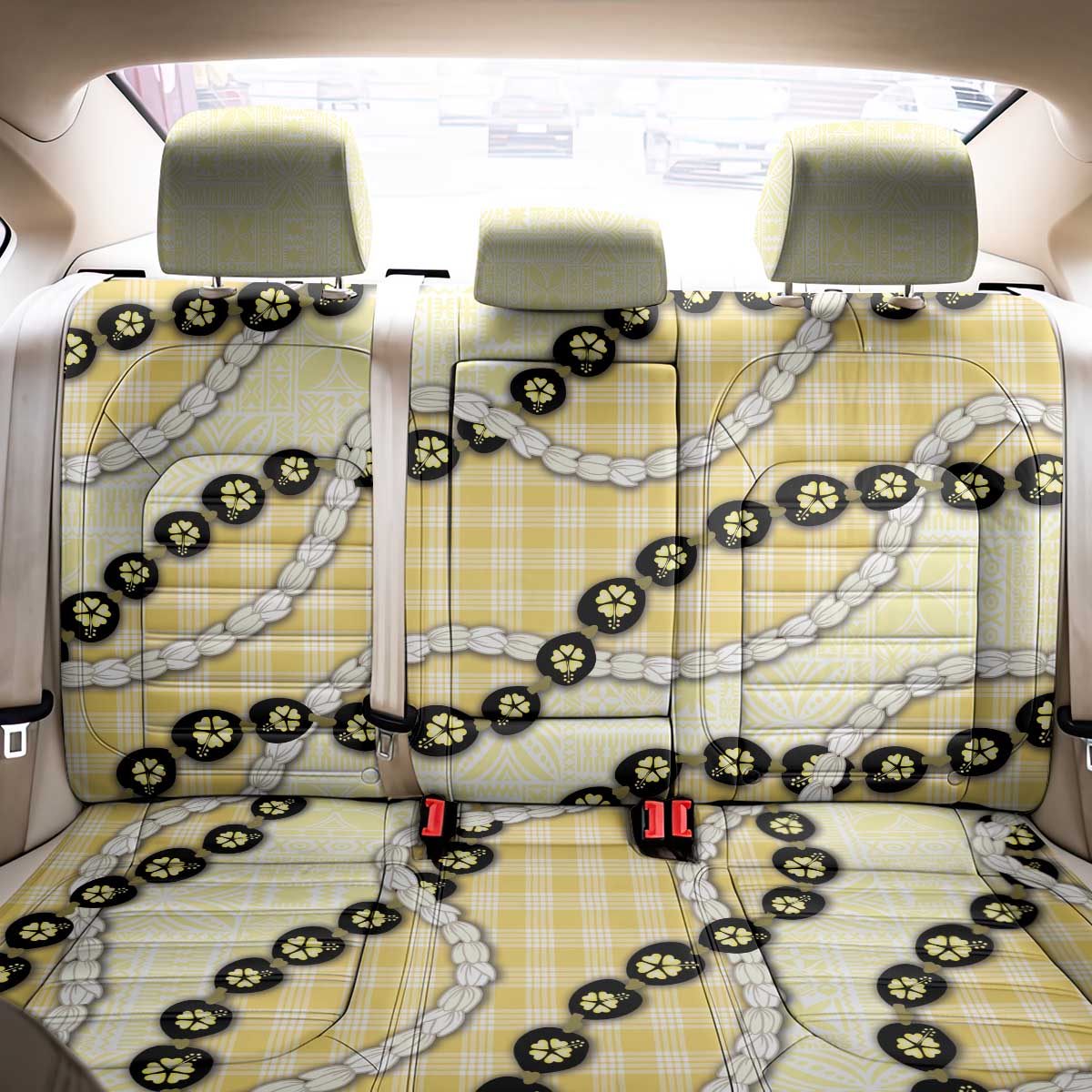 Yellow Palaka Hawaii Back Car Seat Cover Kukui Nut Pikake Lei Hawaiian Tapa Pattern LT14 - Polynesian Pride