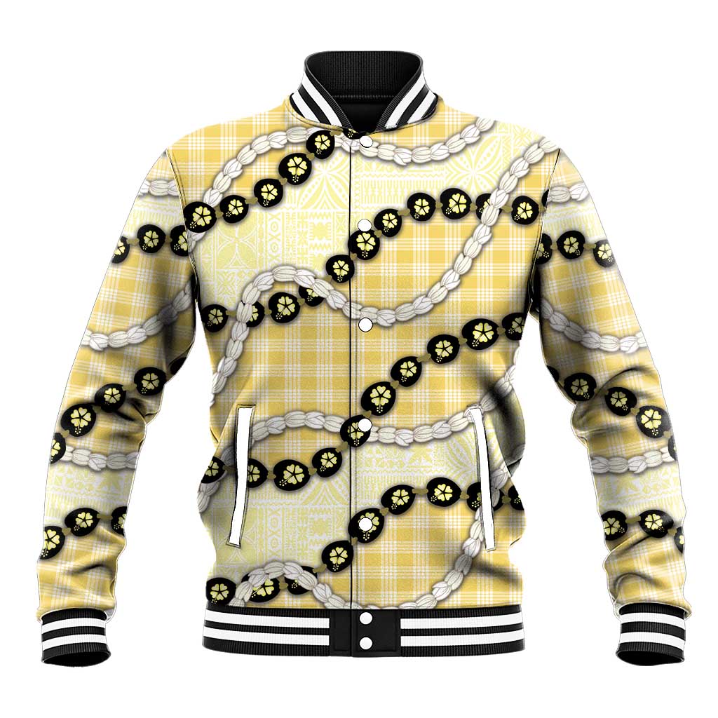 Yellow Palaka Hawaii Baseball Jacket Kukui Nut Pikake Lei Hawaiian Tapa Pattern LT14 Unisex Yellow - Polynesian Pride