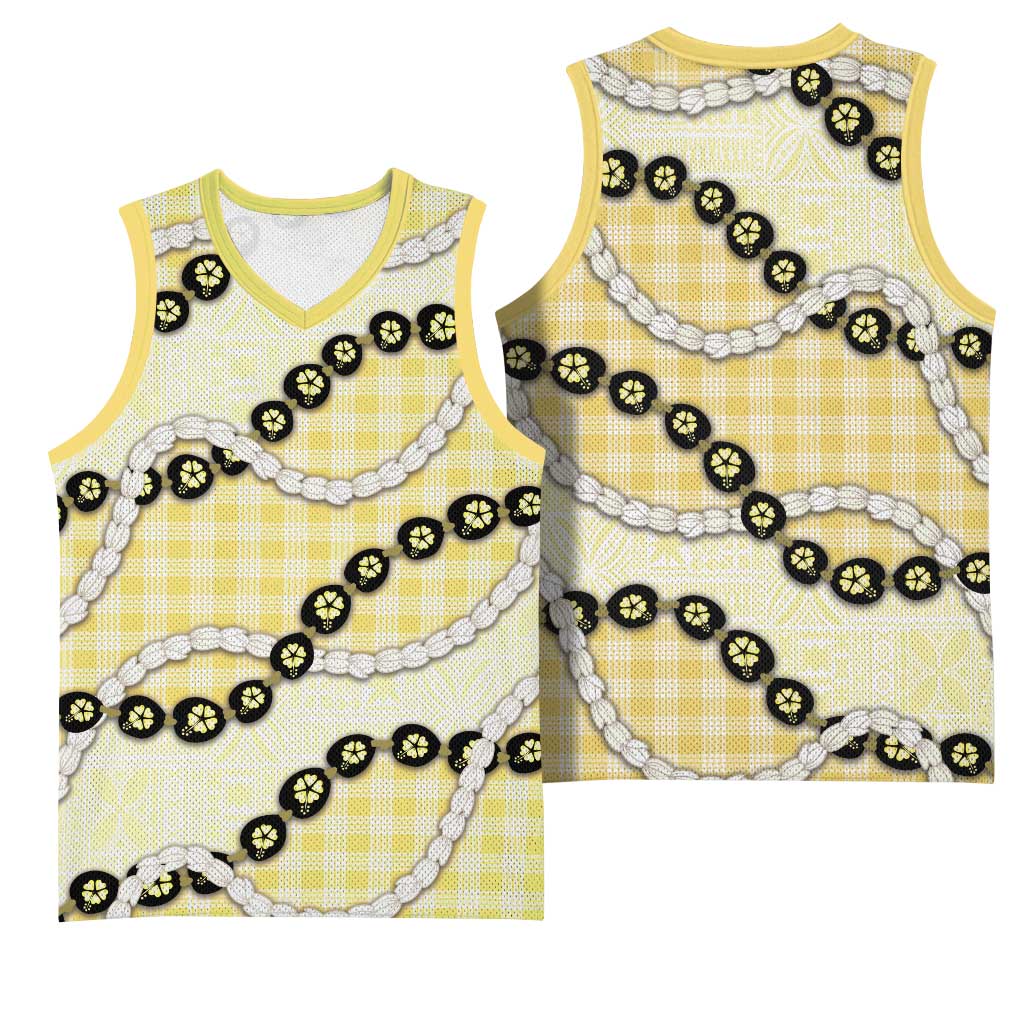 Yellow Palaka Hawaii Basketball Jersey Kukui Nut Pikake Lei Hawaiian Tapa Pattern LT14 - Polynesian Pride