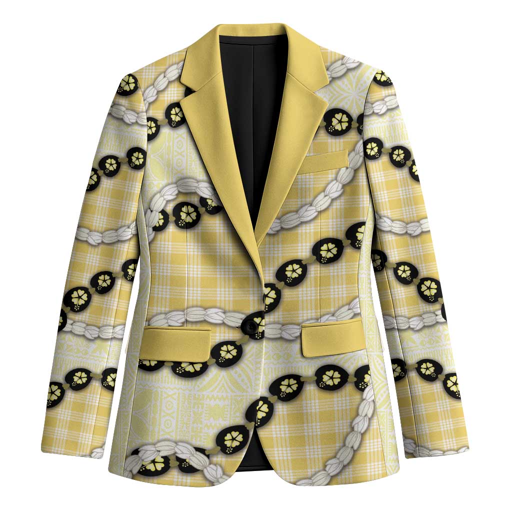Yellow Palaka Hawaii Blazer Kukui Nut Pikake Lei Hawaiian Tapa Pattern - Polynesian Pride