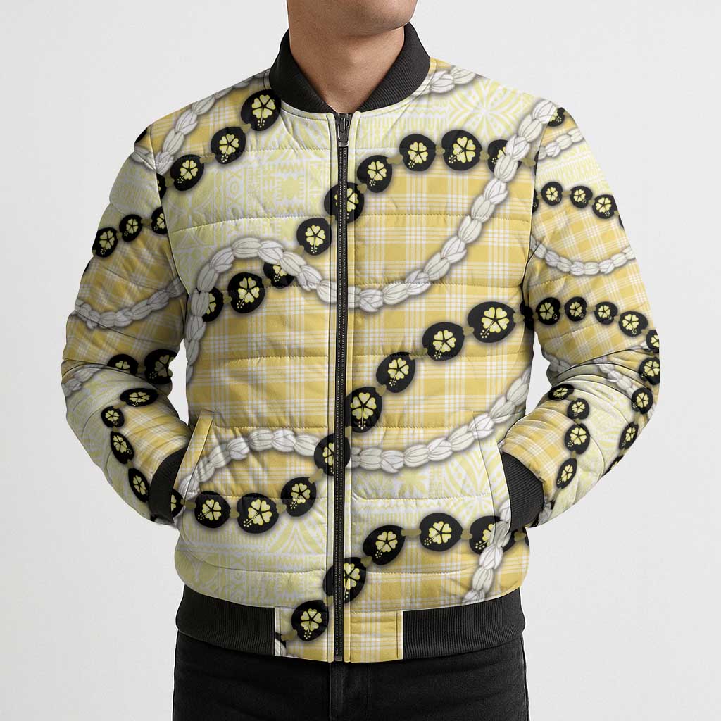 Yellow Palaka Hawaii Bomber Puffer Jacket Kukui Nut Pikake Lei Hawaiian Tapa Pattern LT14 - Polynesian Pride