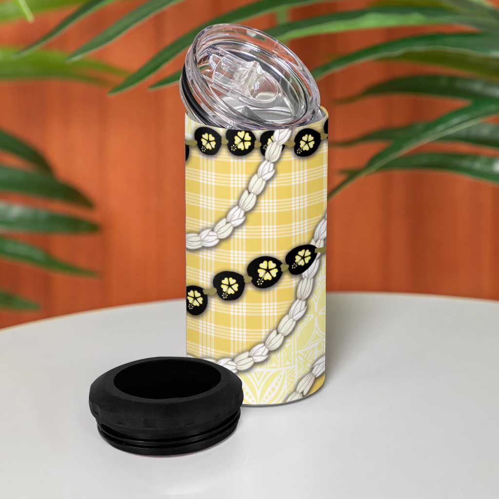 Yellow Palaka Hawaii 4 in 1 Can Cooler Tumbler Kukui Nut Pikake Lei Hawaiian Tapa Pattern - Polynesian Pride