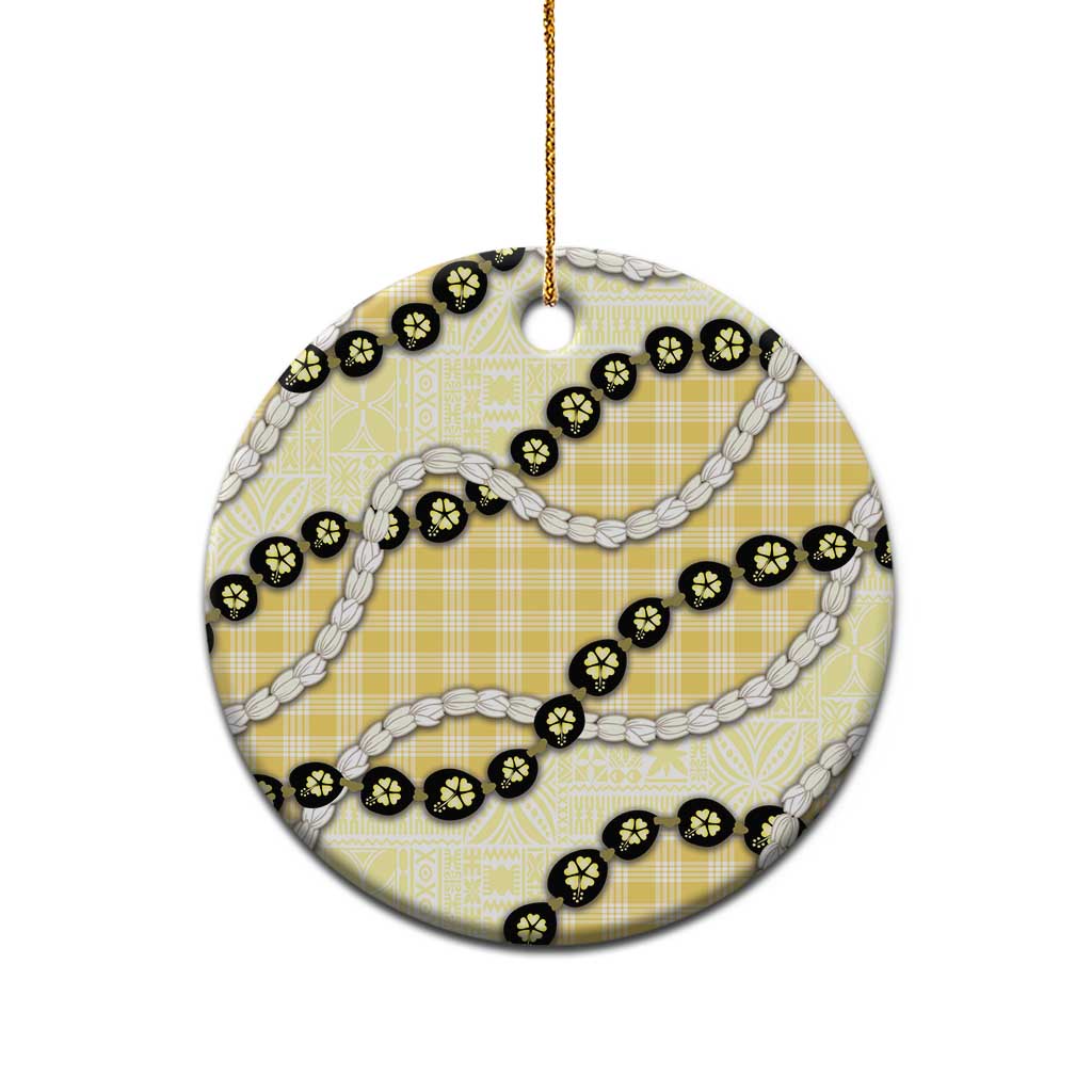 Yellow Palaka Hawaii Ceramic Ornament Kukui Nut Pikake Lei Hawaiian Tapa Pattern - Polynesian Pride