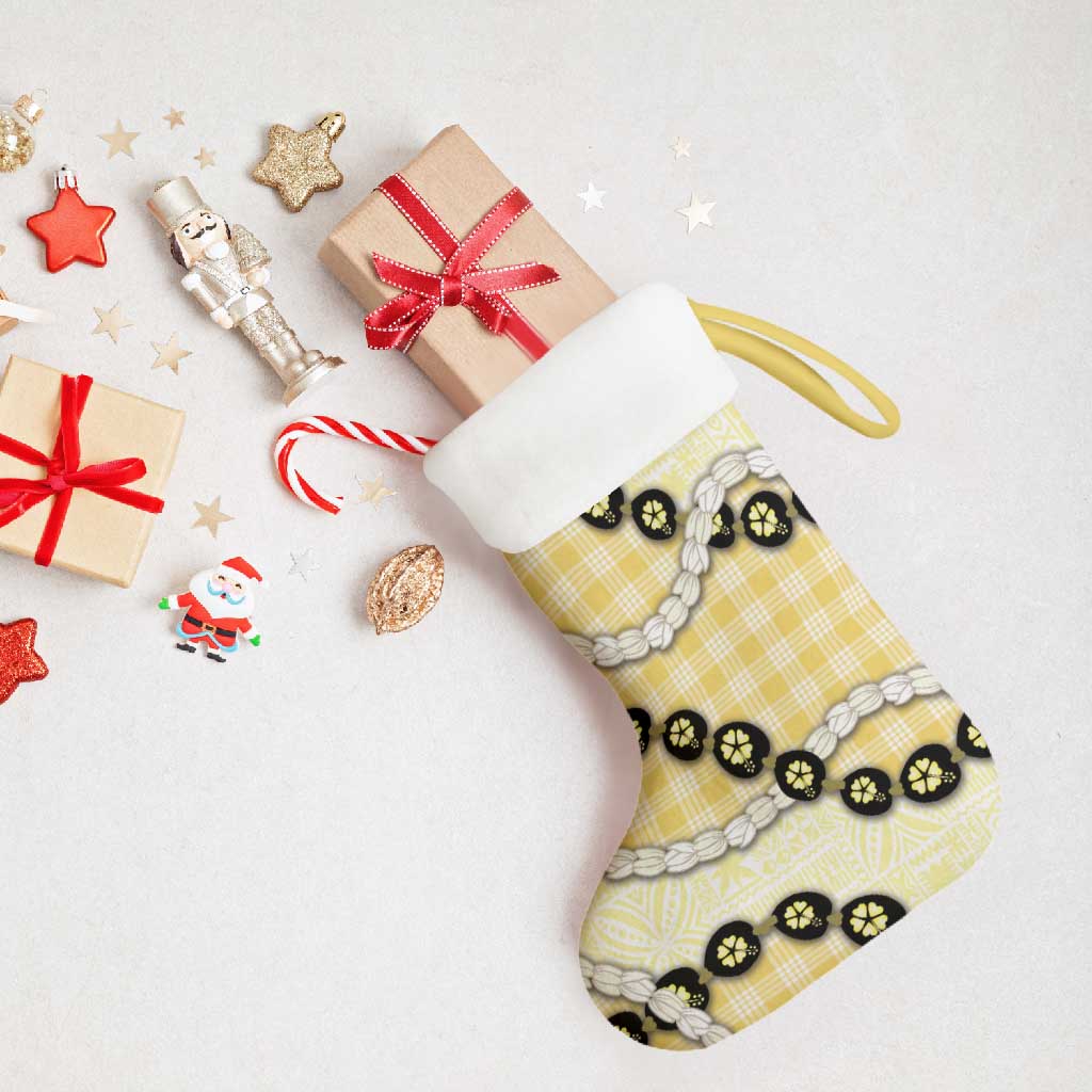 Yellow Palaka Hawaii Christmas Stocking Kukui Nut Pikake Lei Hawaiian Tapa Pattern - Polynesian Pride