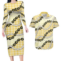 Yellow Palaka Hawaii Couples Matching Long Sleeve Bodycon Dress and Hawaiian Shirt Kukui Nut Pikake Lei Hawaiian Tapa Pattern - Polynesian Pride