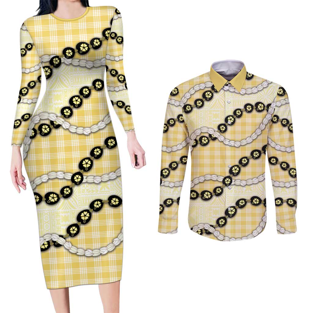 Yellow Palaka Hawaii Couples Matching Long Sleeve Bodycon Dress and Long Sleeve Button Shirt Kukui Nut Pikake Lei Hawaiian Tapa Pattern - Polynesian Pride