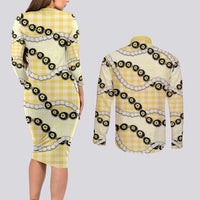 Yellow Palaka Hawaii Couples Matching Long Sleeve Bodycon Dress and Long Sleeve Button Shirt Kukui Nut Pikake Lei Hawaiian Tapa Pattern - Polynesian Pride