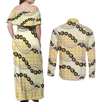 Yellow Palaka Hawaii Couples Matching Off Shoulder Maxi Dress and Long Sleeve Button Shirt Kukui Nut Pikake Lei Hawaiian Tapa Pattern - Polynesian Pride