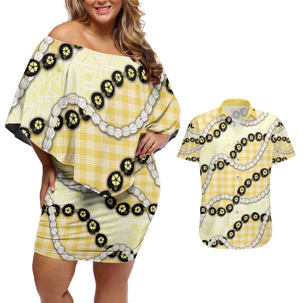 Yellow Palaka Hawaii Couples Matching Off Shoulder Short Dress and Hawaiian Shirt Kukui Nut Pikake Lei Hawaiian Tapa Pattern - Polynesian Pride