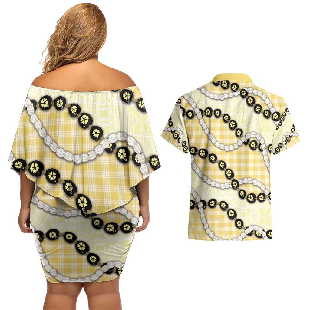 Yellow Palaka Hawaii Couples Matching Off Shoulder Short Dress and Hawaiian Shirt Kukui Nut Pikake Lei Hawaiian Tapa Pattern - Polynesian Pride