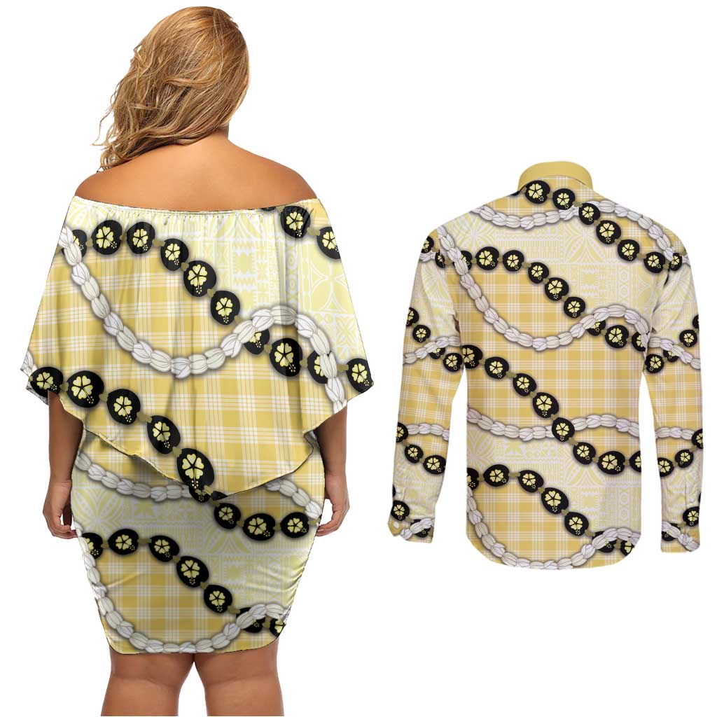 Yellow Palaka Hawaii Couples Matching Off Shoulder Short Dress and Long Sleeve Button Shirt Kukui Nut Pikake Lei Hawaiian Tapa Pattern - Polynesian Pride