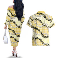 Yellow Palaka Hawaii Couples Matching Off The Shoulder Long Sleeve Dress and Hawaiian Shirt Kukui Nut Pikake Lei Hawaiian Tapa Pattern - Polynesian Pride