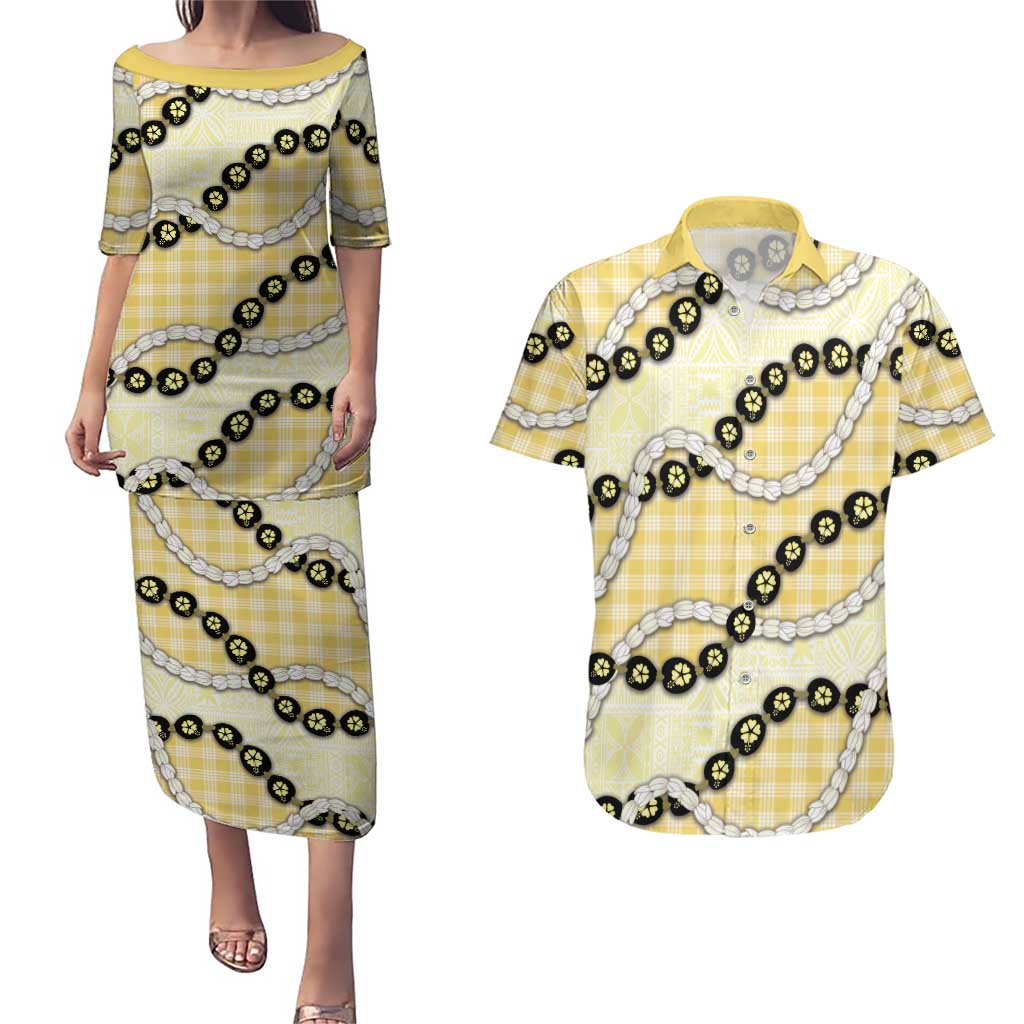 Yellow Palaka Hawaii Couples Matching Puletasi and Hawaiian Shirt Kukui Nut Pikake Lei Hawaiian Tapa Pattern LT14 Yellow - Polynesian Pride