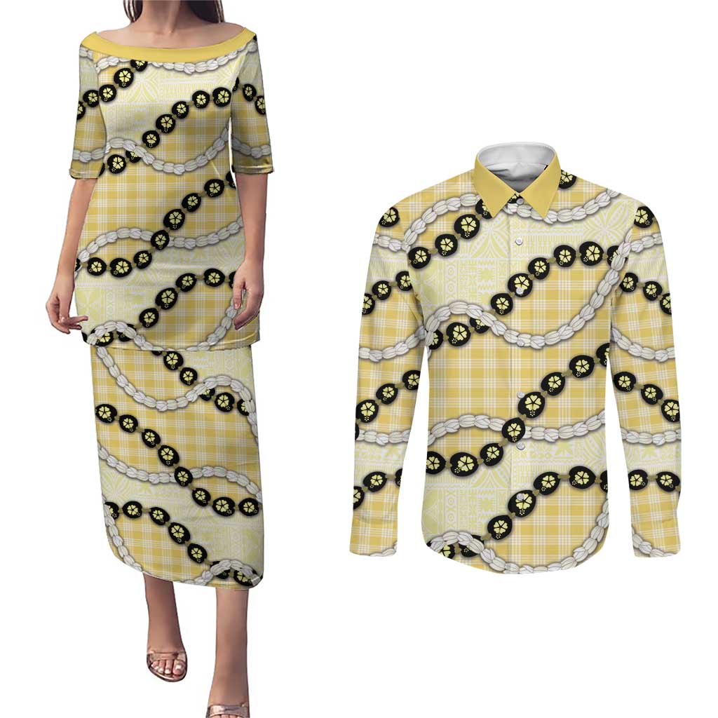 Yellow Palaka Hawaii Couples Matching Puletasi and Long Sleeve Button Shirt Kukui Nut Pikake Lei Hawaiian Tapa Pattern - Polynesian Pride