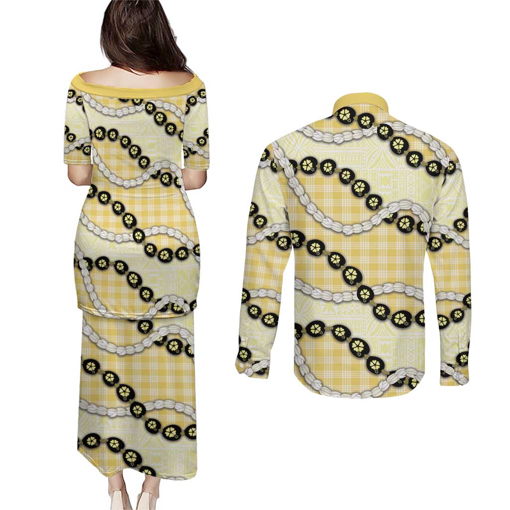 Yellow Palaka Hawaii Couples Matching Puletasi and Long Sleeve Button Shirt Kukui Nut Pikake Lei Hawaiian Tapa Pattern LT14 - Polynesian Pride