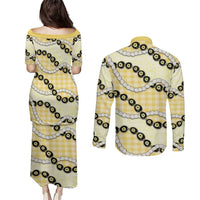 Yellow Palaka Hawaii Couples Matching Puletasi and Long Sleeve Button Shirt Kukui Nut Pikake Lei Hawaiian Tapa Pattern LT14 - Polynesian Pride