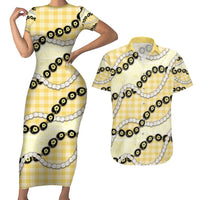 Yellow Palaka Hawaii Couples Matching Short Sleeve Bodycon Dress and Hawaiian Shirt Kukui Nut Pikake Lei Hawaiian Tapa Pattern - Polynesian Pride