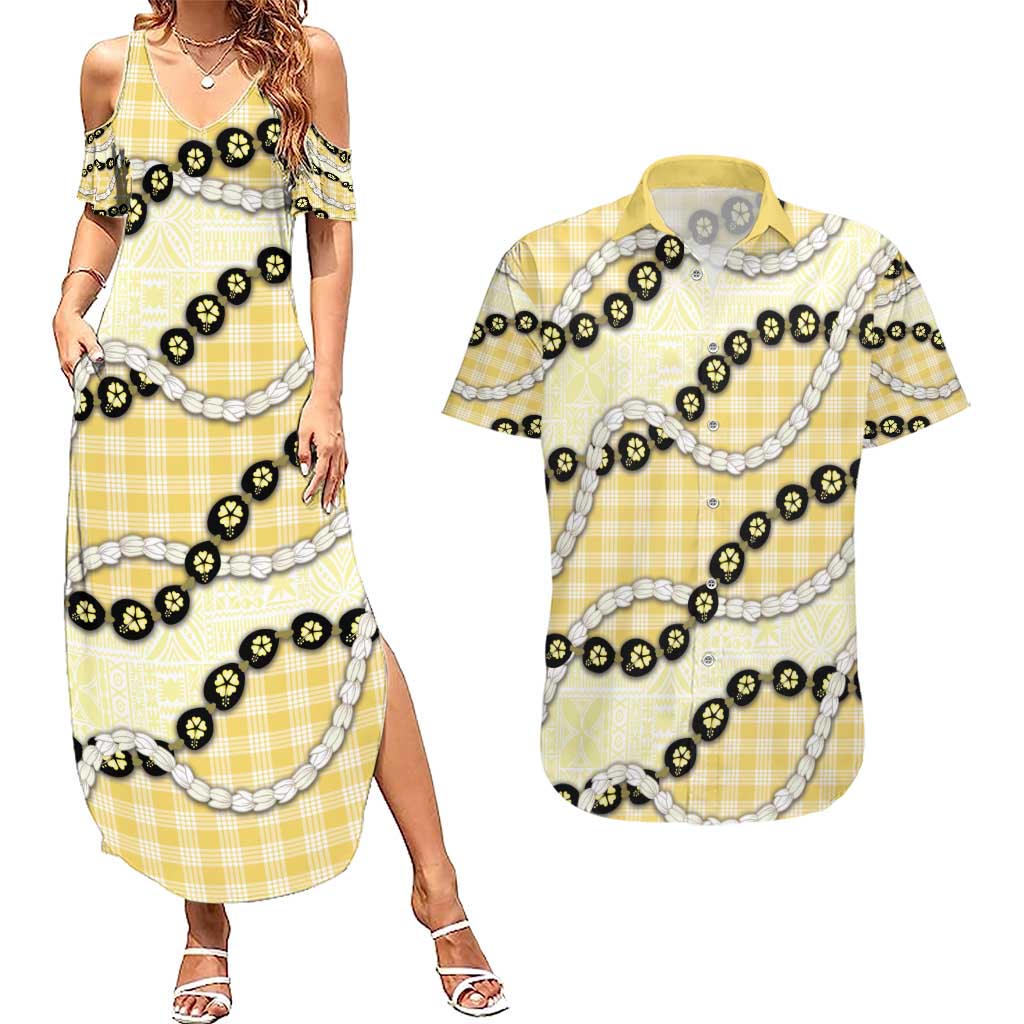 Yellow Palaka Hawaii Couples Matching Summer Maxi Dress and Hawaiian Shirt Kukui Nut Pikake Lei Hawaiian Tapa Pattern - Polynesian Pride