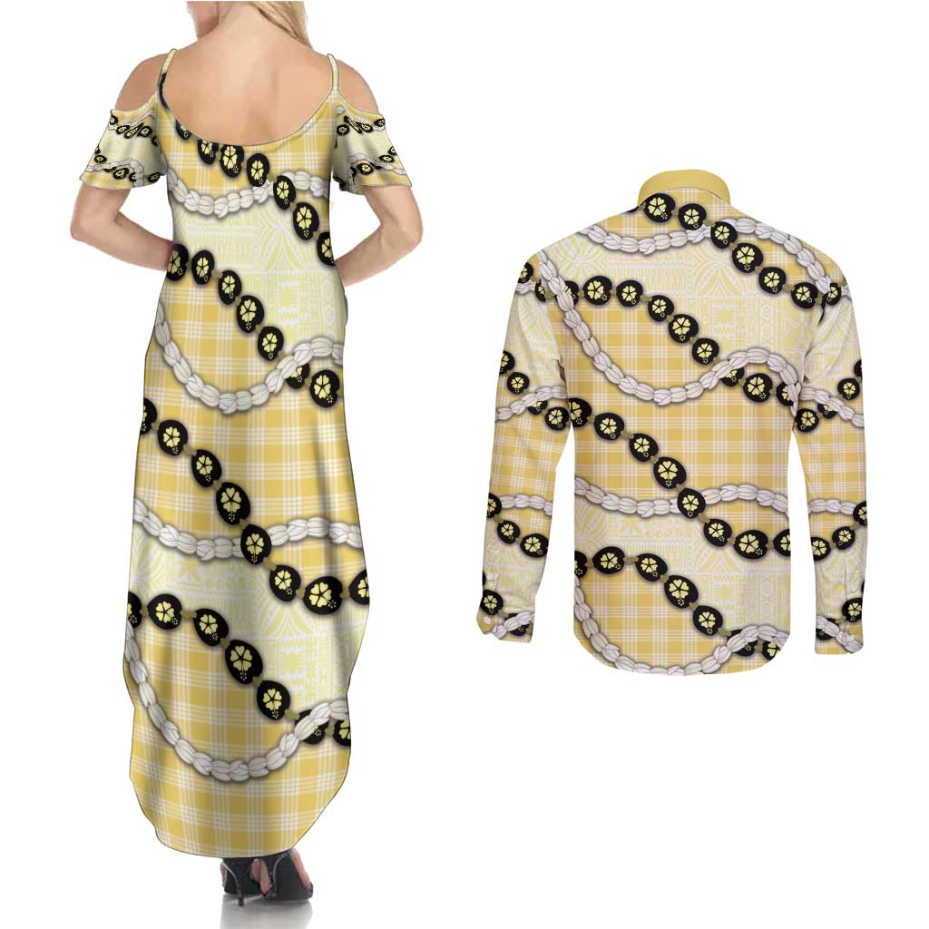Yellow Palaka Hawaii Couples Matching Summer Maxi Dress and Long Sleeve Button Shirt Kukui Nut Pikake Lei Hawaiian Tapa Pattern - Polynesian Pride